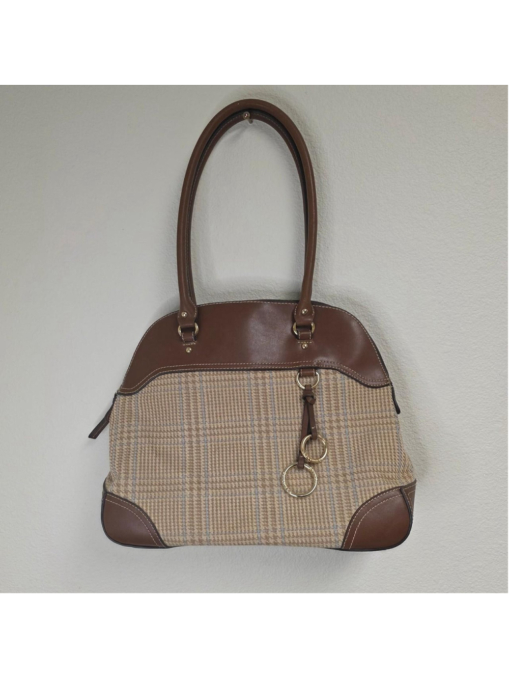 American Living brown and beige plaid handbag with leather accents #plaid #handb